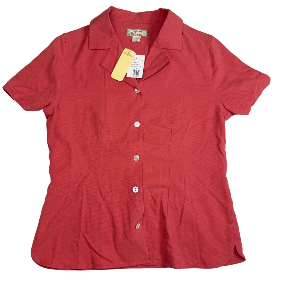 Tommy Bahama Diamond Camp Shirt Womens Small Coral Pink 100% Silk Button Up New